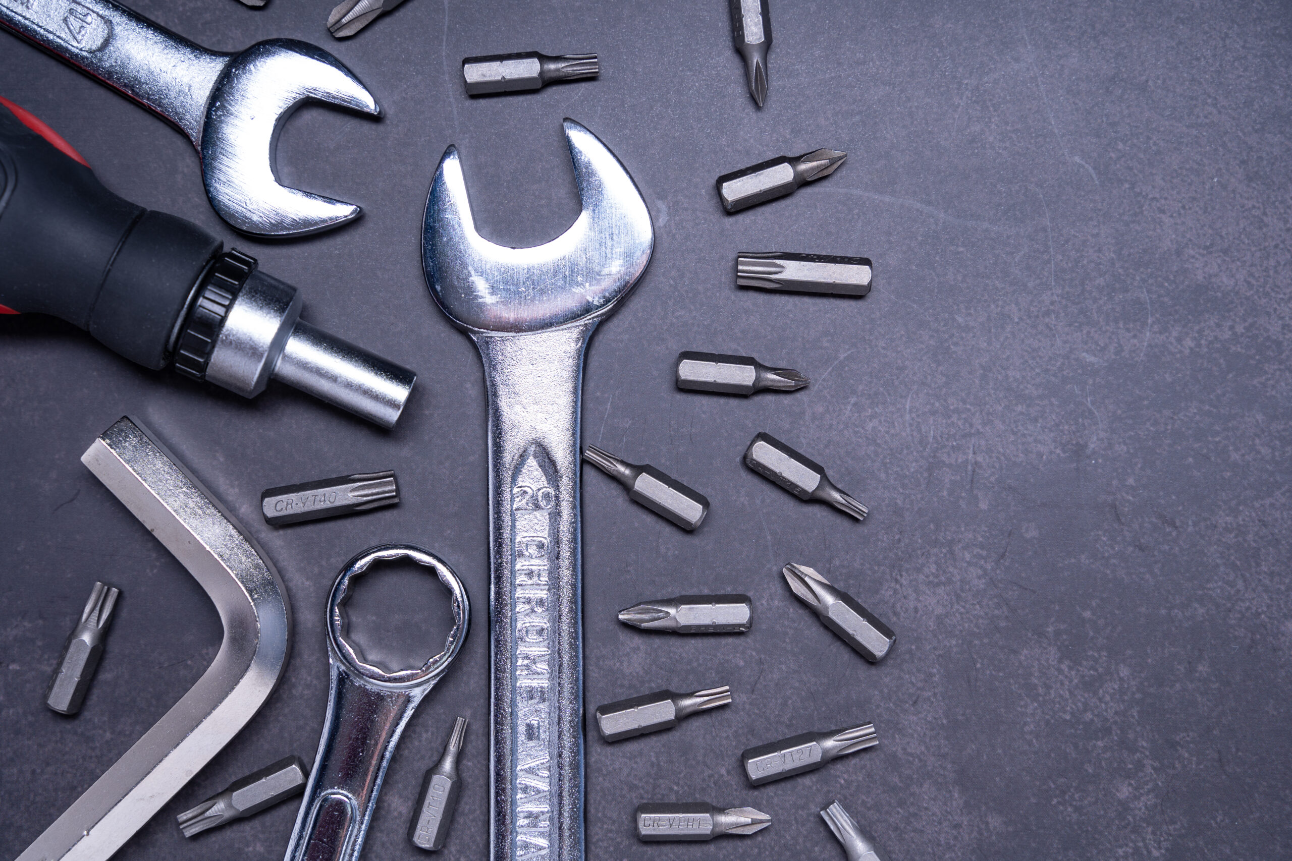 Closeup shot of working tools on gray background